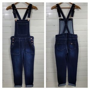 GUESS denim overalls with rose gold buttons